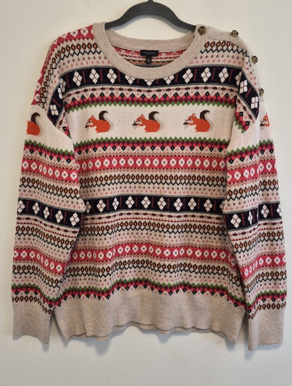 Talbots Squirrel Fair Isle Sweater Button Shoulder Crewneck Beige/Orange Size XL - Picture 3 of 12